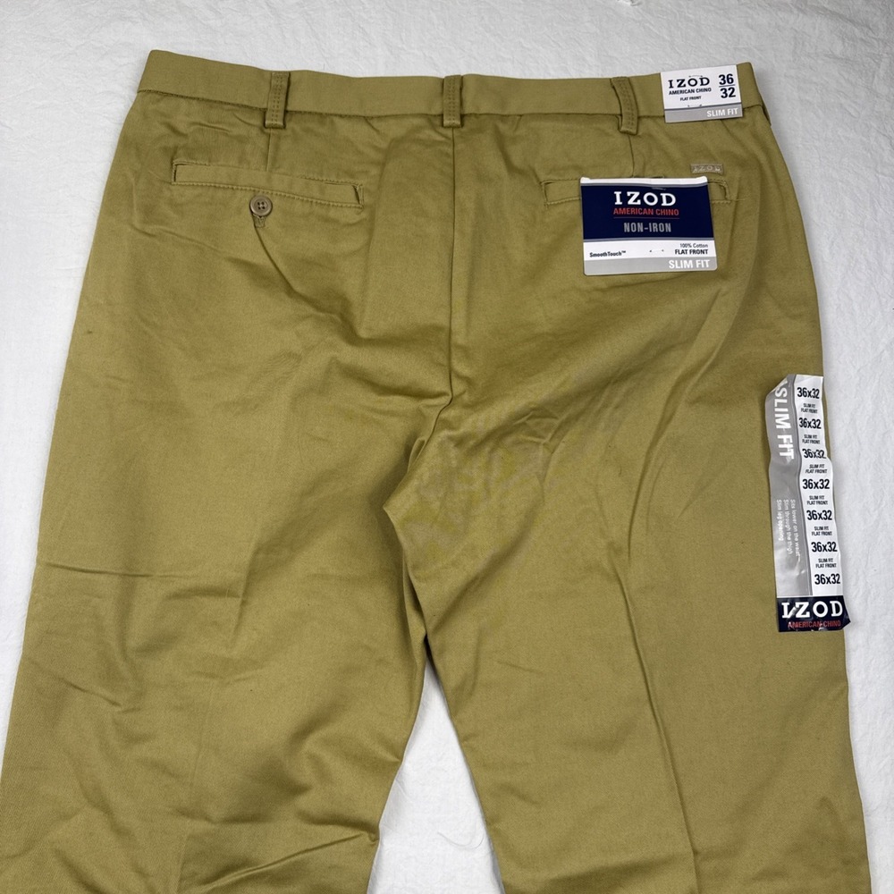 IZOD Pants Mens 36/32 Beige American Chino Straight Fit Flat Front Non Iron